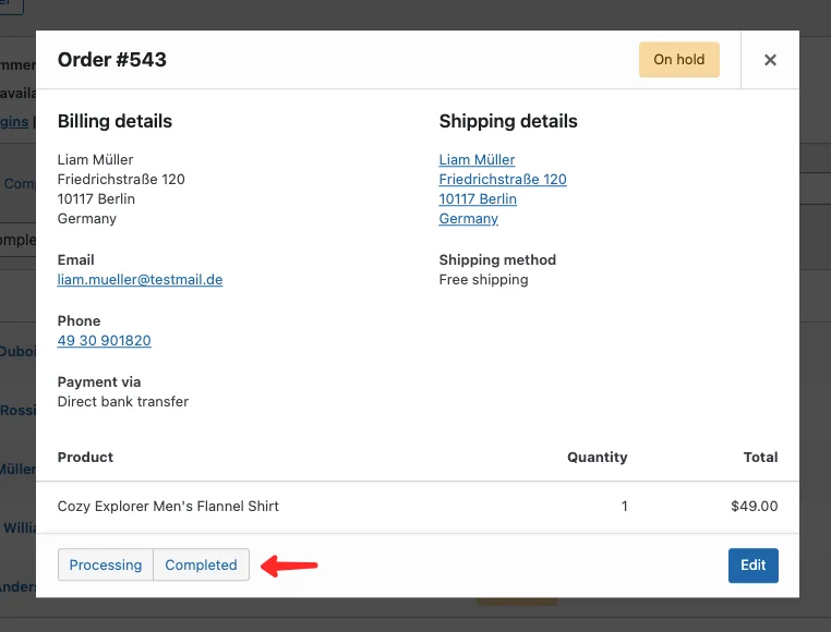 WooCommerce order summary popup with Completed and Processing buttons to quickly change order status
