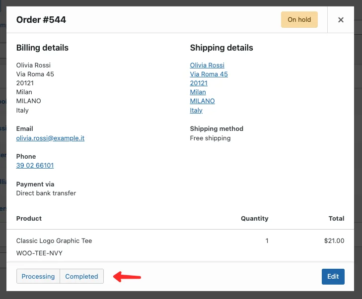 WooCommerce order summary popup showing customer details