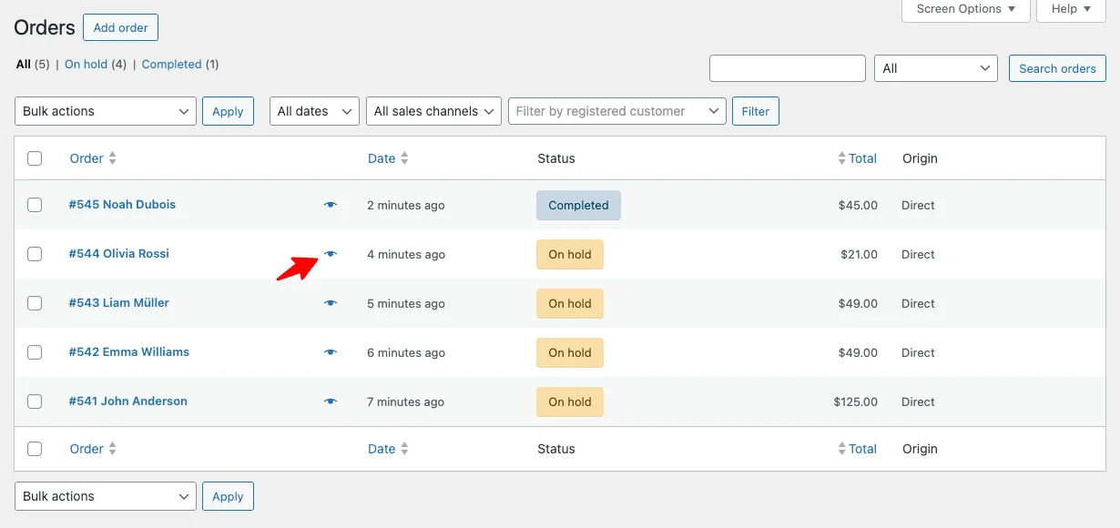WooCommerce orders list with eye icon highlighted to open the quick order summary popup