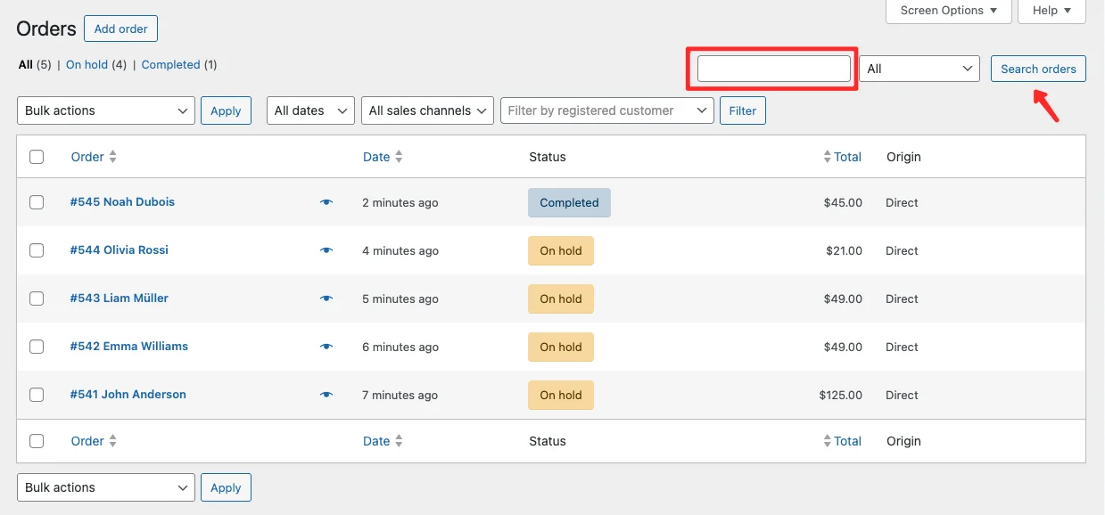 WooCommerce order search field used to find a specific order by customer data