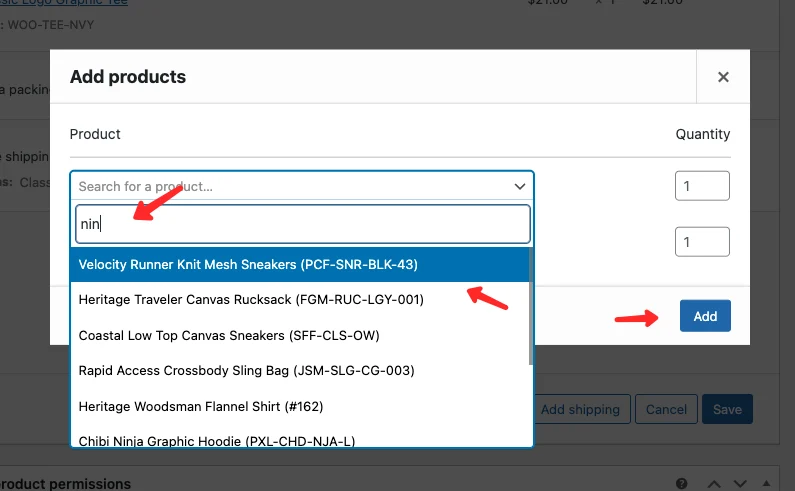 WooCommerce product search results inside the Add Product popup